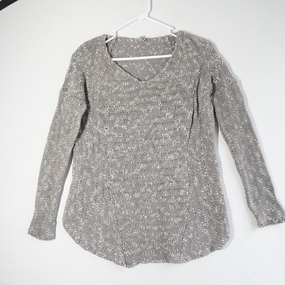 Helmut Lang Grey Marled Cotton Linen V-Neck High-Low Knit Sweater Size P